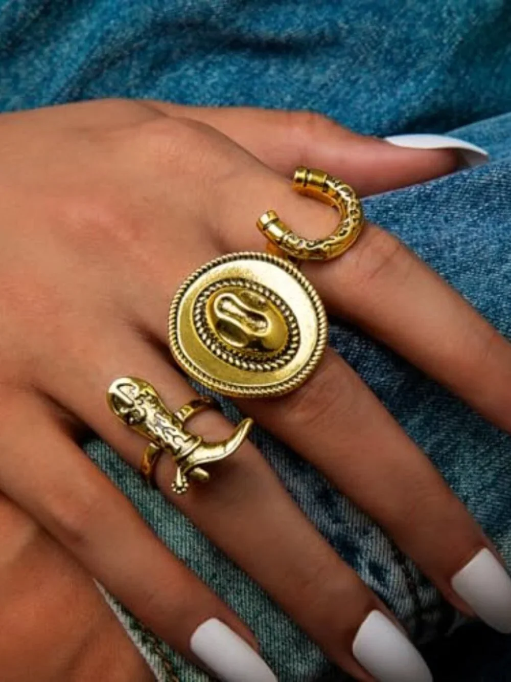 New - ‎ 3PCS Gold Western Rings Set for Women – Vintage Cowboy Boot Horseshoe